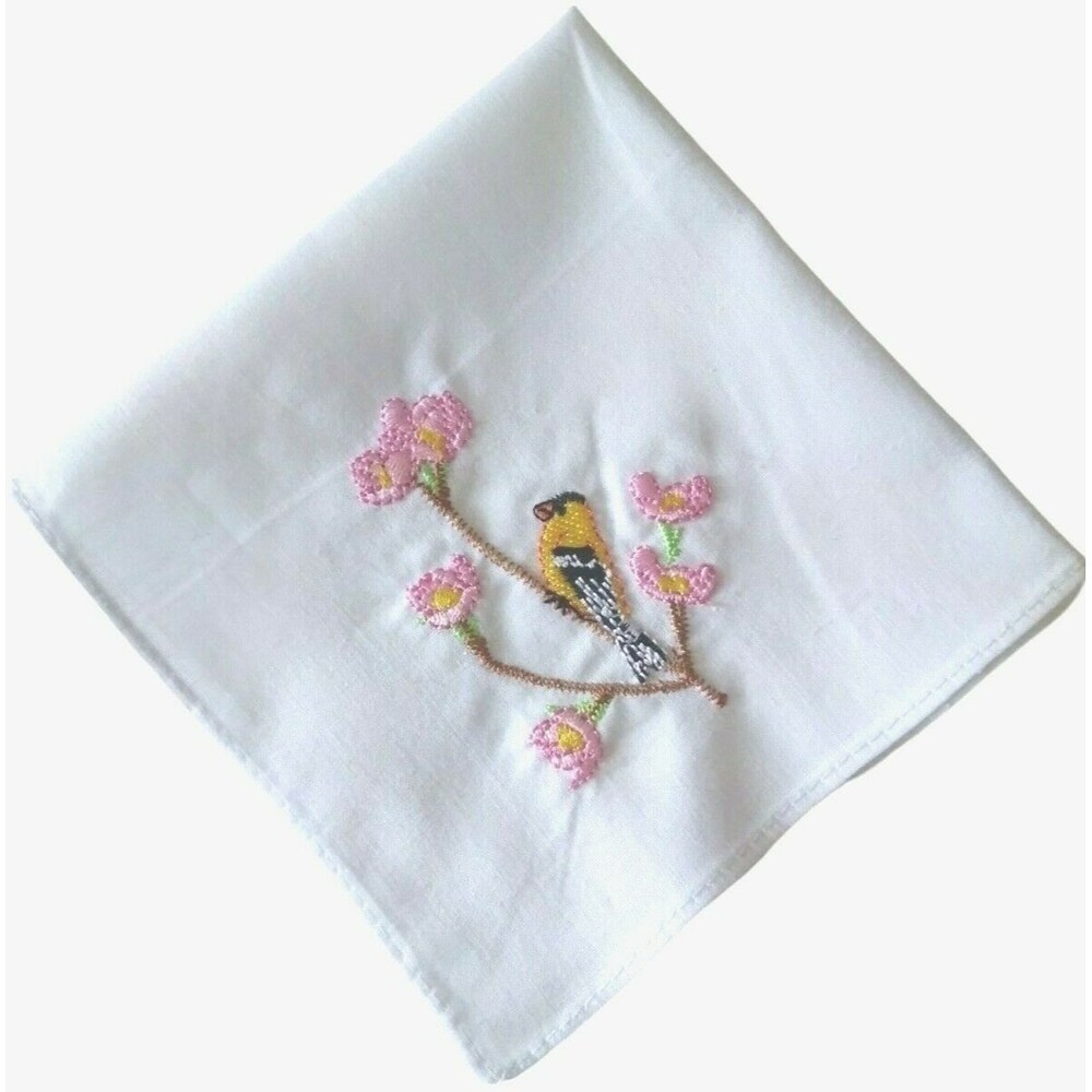Handkerchief Embroidered Yellow Bird Pink Flowers Oriole Goldfinch Mothers Day